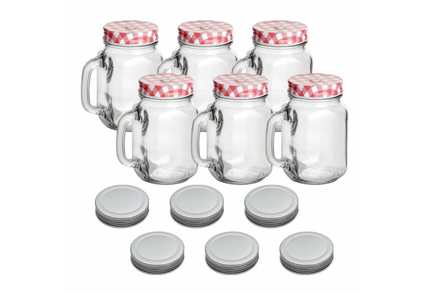 gouveo Gläser-Set Trinkgläser 450 ml mit Schraubdeckel - Trinkglas mit Henkel, 6er Set, rot/silber von gouveo