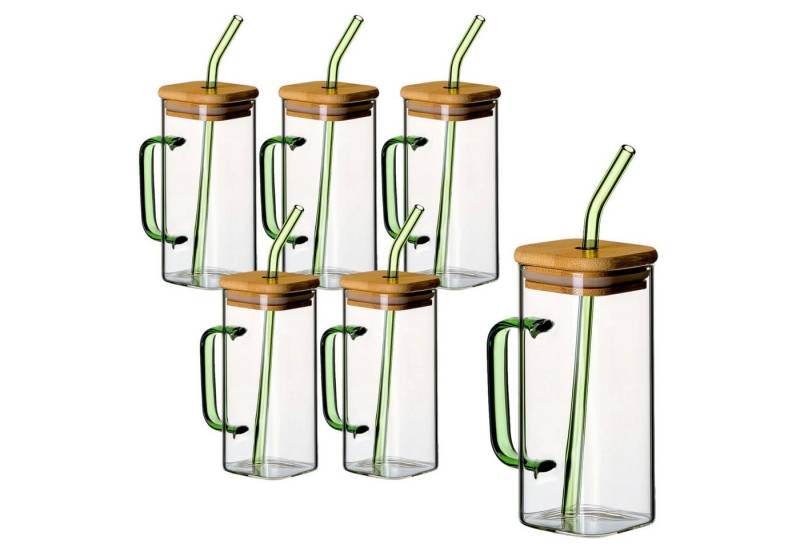 gouveo Teeglas 6 Trinkgläser 350 ml mit Henkel, Deckel und Strohhalm - Cocktailgläser, Borosilikatglas, Grün von gouveo