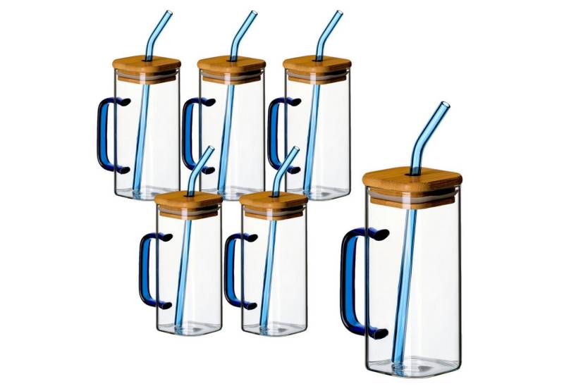 gouveo Teeglas 6 Trinkgläser 350 ml mit Henkel, Deckel und Strohhalm - Cocktailgläser, Borosilikatglas, Blau von gouveo
