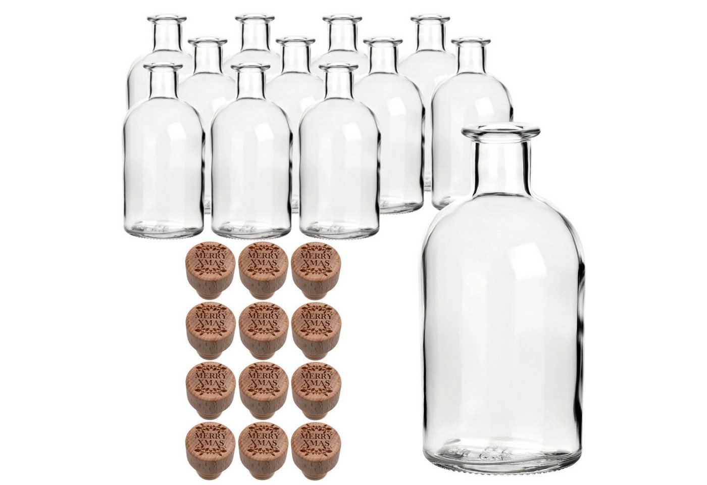 gouveo Trinkflasche 12x Glasflasche 250 ml Apotheker mit “Weihnachten” Holzgriffkorken, Merry Christmas - Korken von gouveo