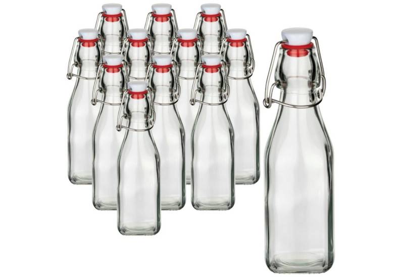 gouveo Trinkflasche Glasflasche 250 ml eckig mit Bügelverschluss rot - Leere Flasche 0,25l, 12er Set - Bügelflasche 250 ml von gouveo