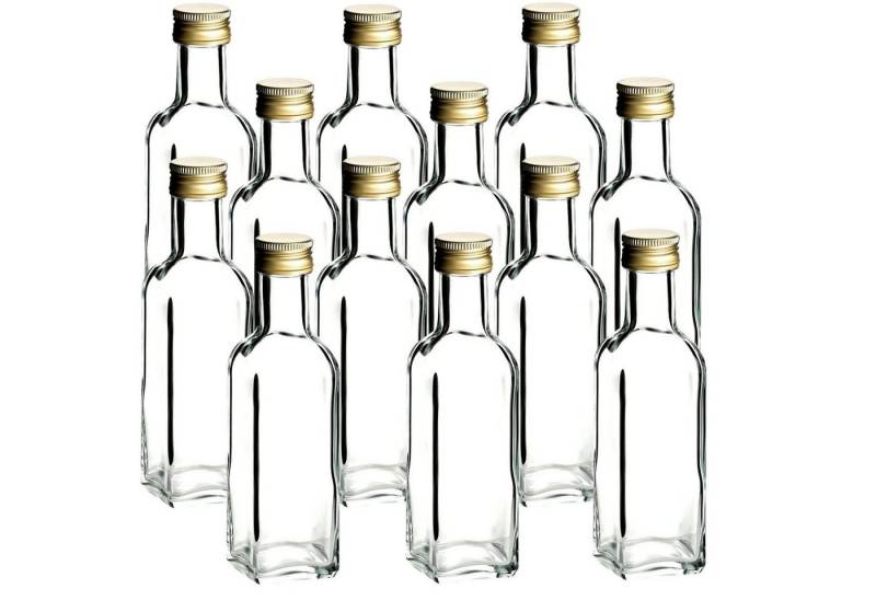 gouveo Trinkflasche Glasflaschen 100 ml Maraska mit Schraub-Deckel - Kleine Flasche 0,1l, 12er Set, transparent-goldfarben von gouveo