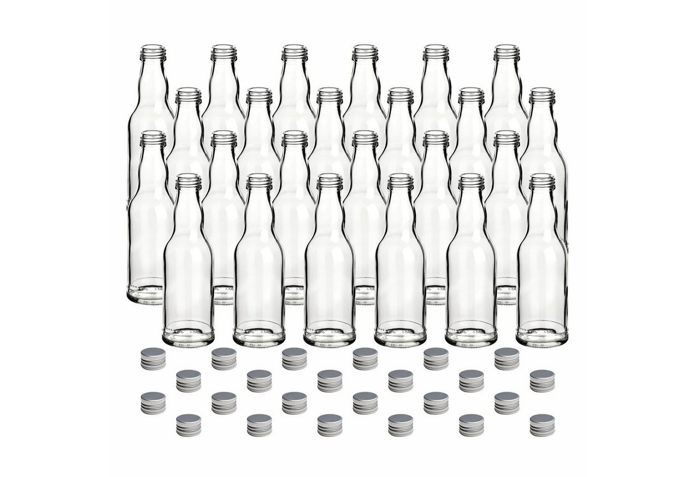 gouveo Trinkflasche Glasflaschen 200 ml Kropfhals mit Schraub-Deckel - Kleine Flasche 0,2l, 24er Set, silberfarben von gouveo