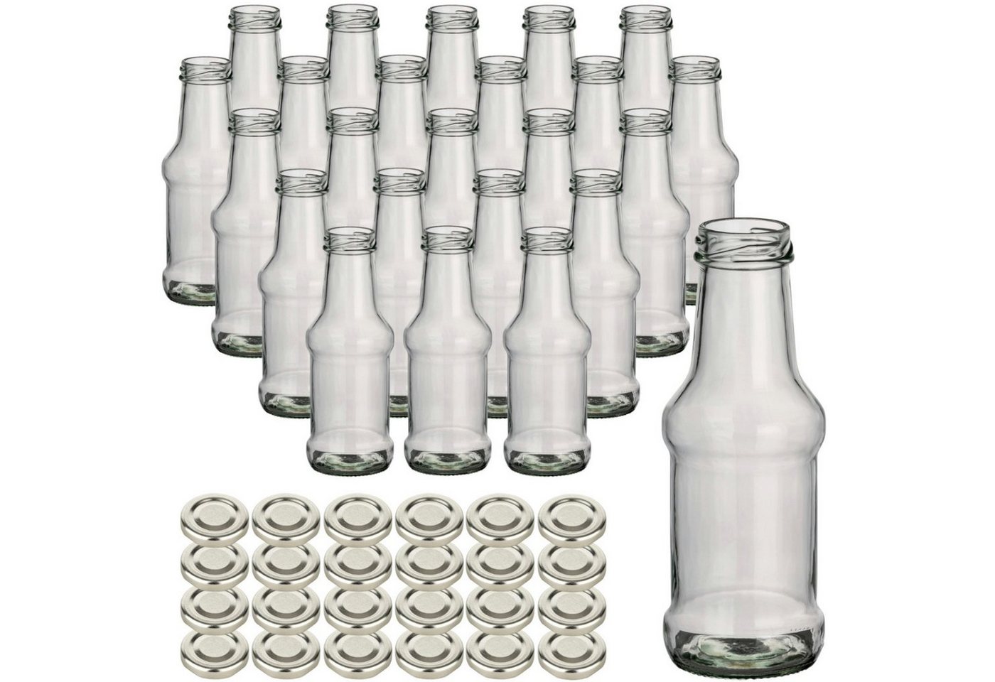 gouveo Trinkflasche Glasflaschen 250 ml Barbecue mit Schraub-Deckel TO38 - Kleine Flasche, 24 Stück, silberfarben von gouveo