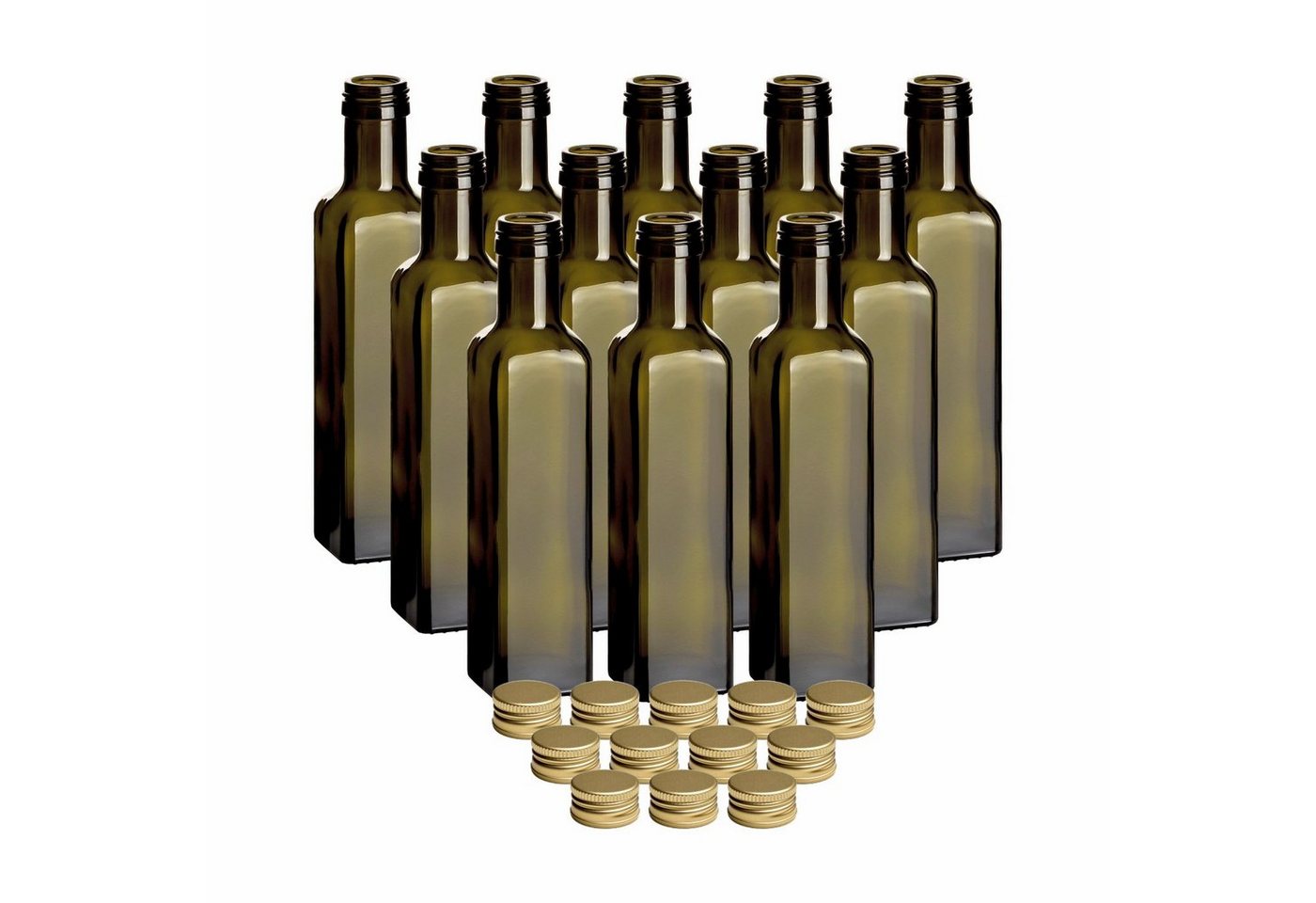 gouveo Trinkflasche Glasflaschen 250 ml Maraska -Antik- mit Schraubdeckel - Flasche 0,25 l, 12er Set, goldfarben von gouveo
