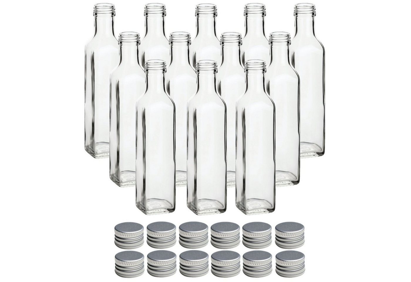 gouveo Trinkflasche Glasflaschen 250 ml Maraska mit Schraub-Deckel - Leere Likörflasche, 12er Set, silberfarben von gouveo