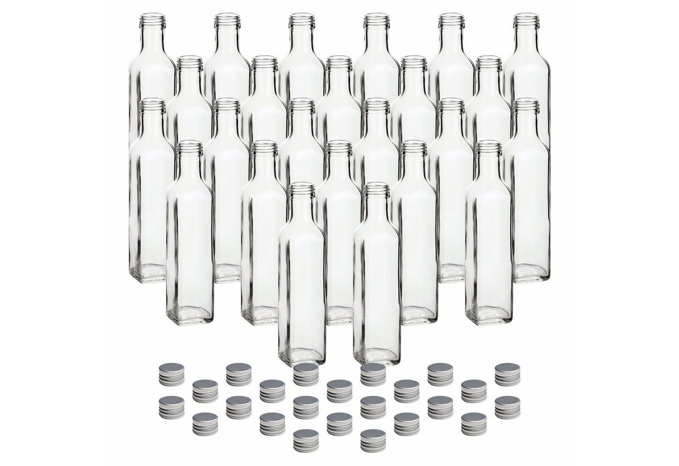 gouveo Trinkflasche Glasflaschen 250 ml Maraska mit Schraub-Deckel - Leere Likörflasche, 24er Set, silberfarben von gouveo