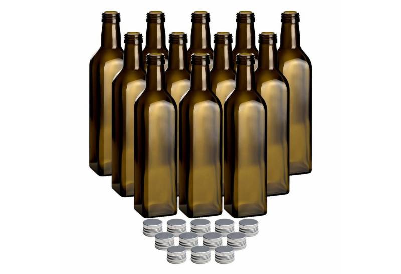 gouveo Trinkflasche Glasflaschen 500 ml Maraska -Antik- mit Schraub-Deckel - Grüne Flasche, 12er Set, silberfarben von gouveo