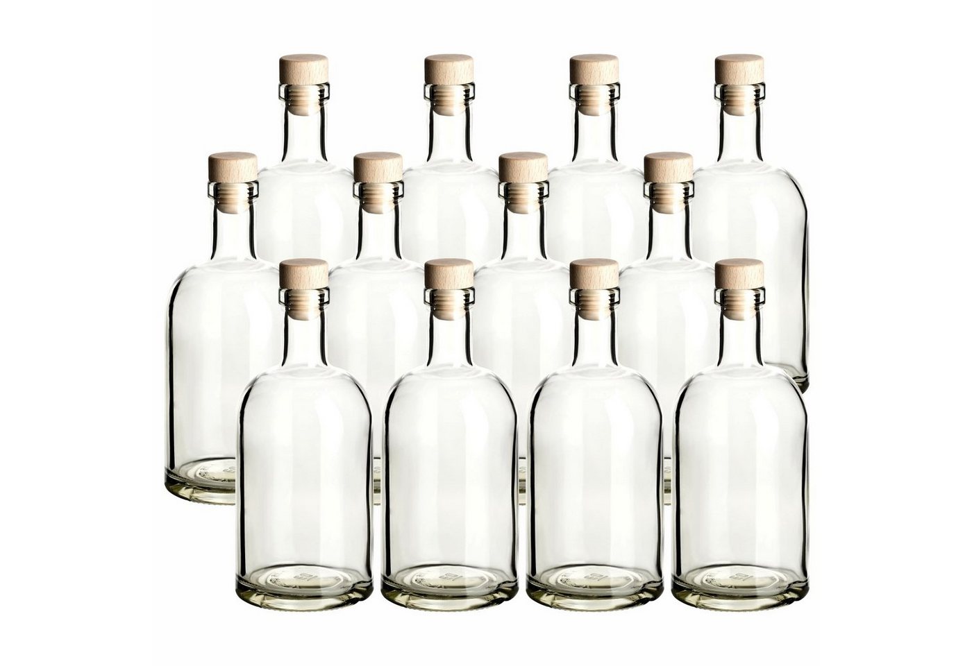 gouveo Trinkflasche Glasflaschen “Klassik” mit Korken - Runde Flasche aus Glas, 12er Set 200ml, transparent, Holzgriffkorken von gouveo