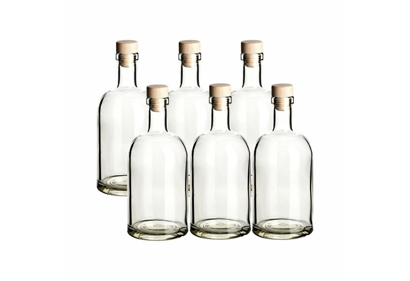 gouveo Trinkflasche Glasflaschen “Klassik” mit Korken - Runde Flasche aus Glas, 6er Set 500ml, transparent, Holzgriffkorken von gouveo