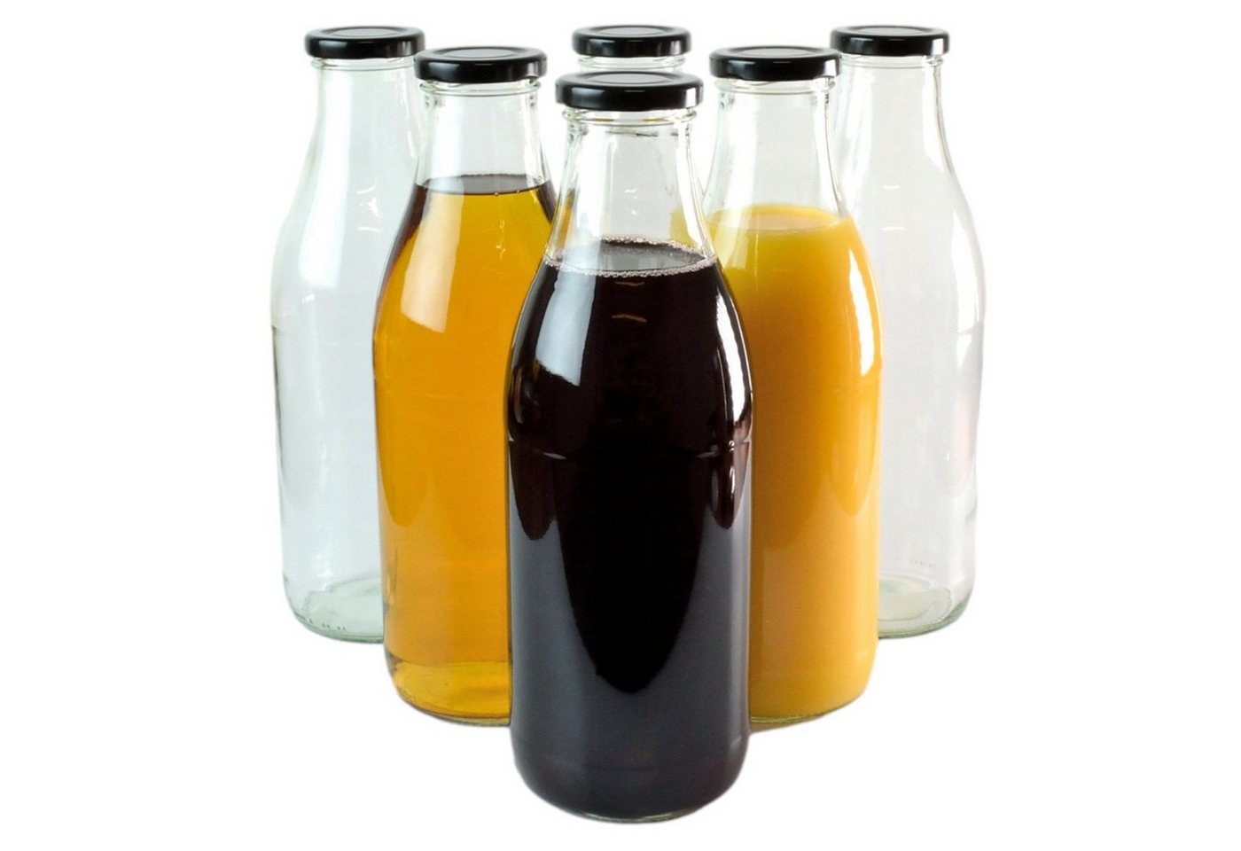 gouveo Trinkflasche Saftflaschen 1000 ml mit Schraub-Deckel - Große Flasche 1,0 l aus Glas, 6er Set, schwarz von gouveo