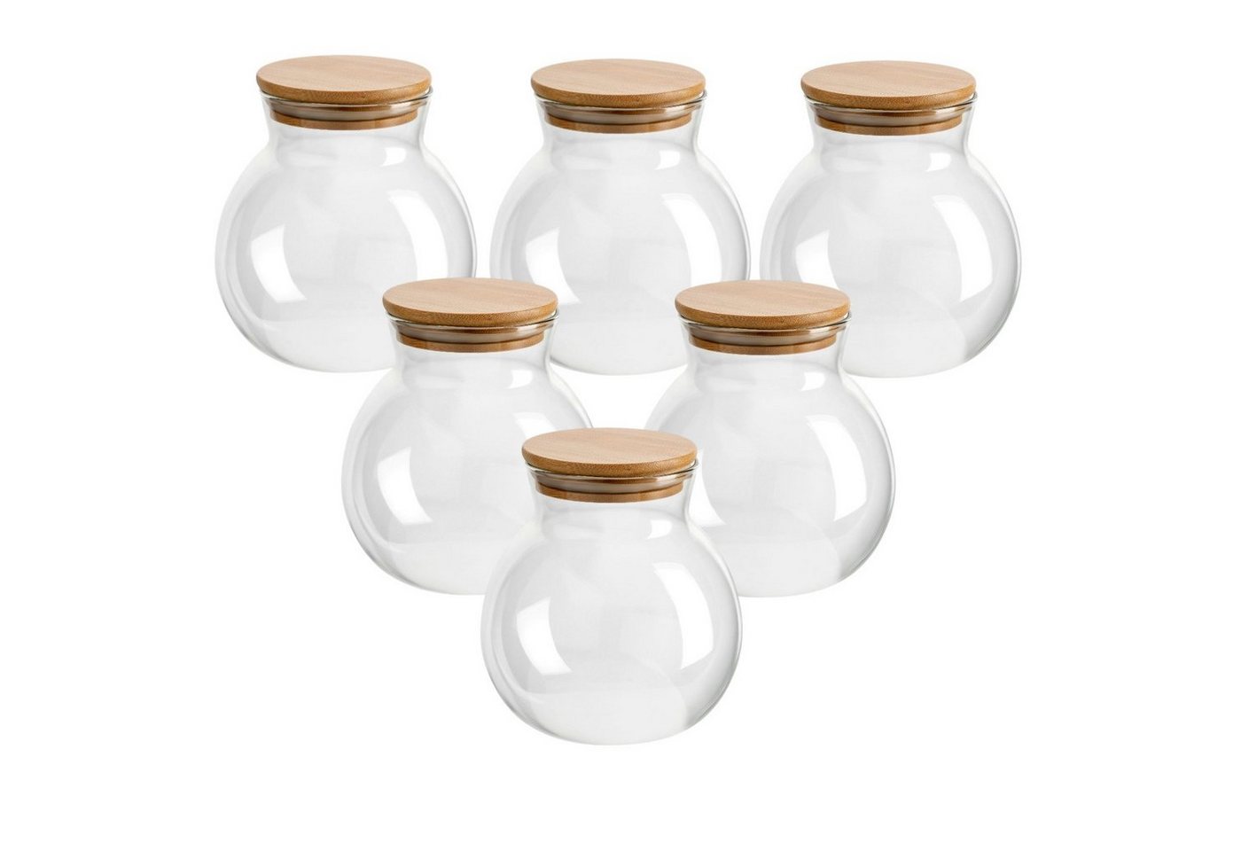 gouveo Vorratsglas 1000 ml Kugel-Form mit Bambusdeckel - Vorratsdosen aus Borosilikatglas, (6-tlg) von gouveo