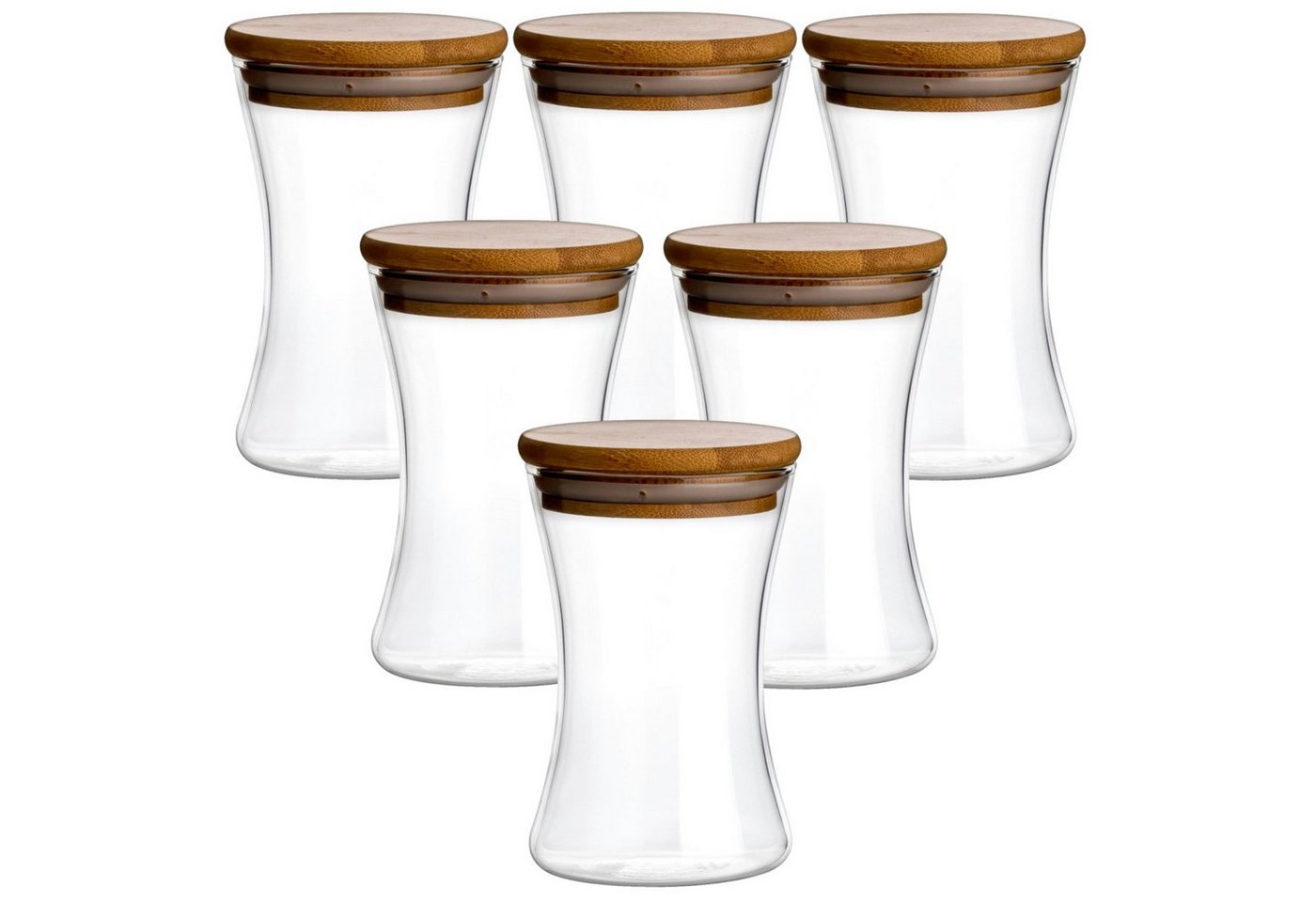 gouveo Vorratsglas 265 ml mit Bambusdeckel - Vorratsdose aus Borosilikatglas, (6-tlg), aus Borosilikatglas, lebensmittelecht, Form konkav von gouveo