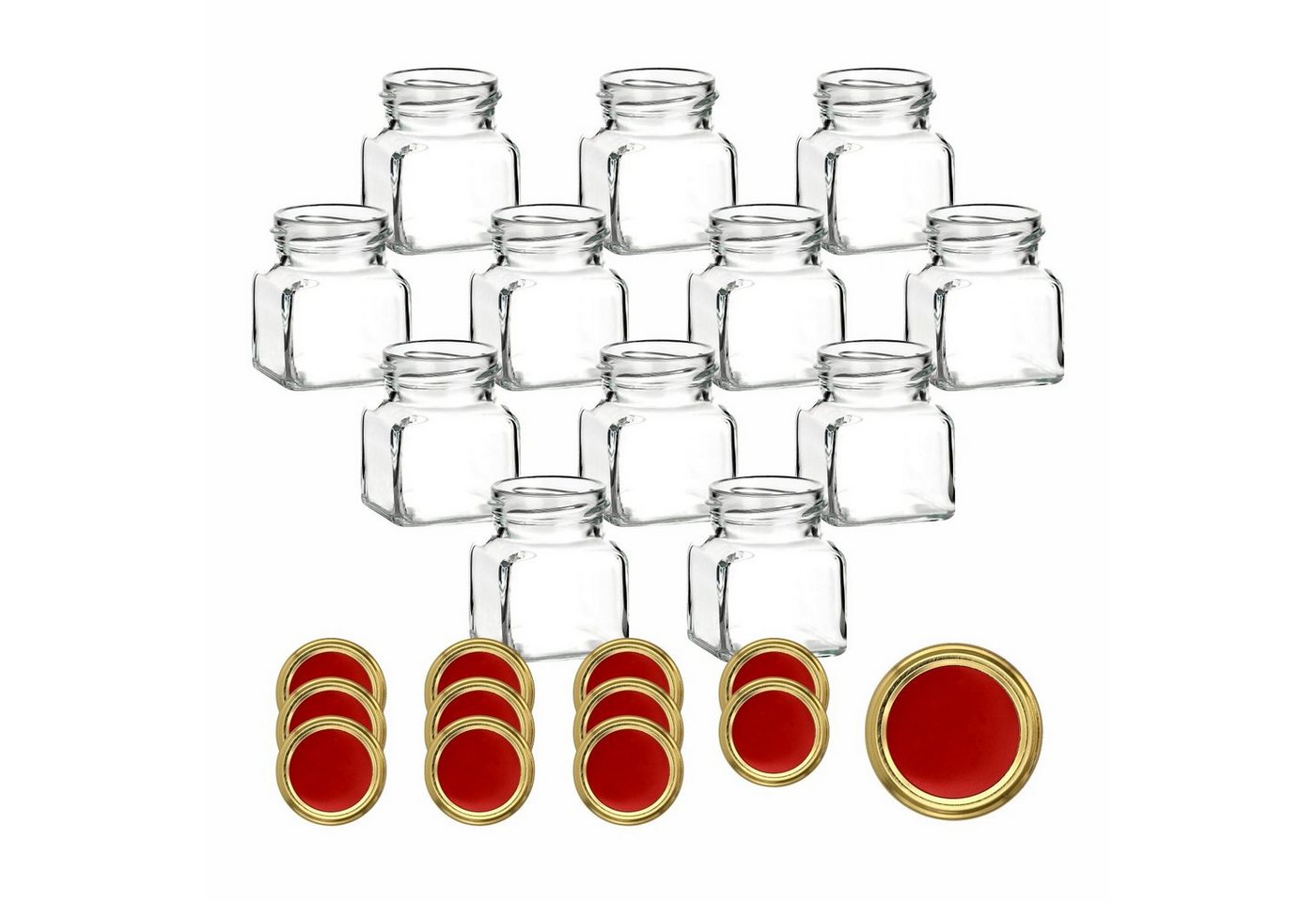 gouveo Vorratsglas Einmachgläser 120 ml eckig mit Schraub-Deckel - Kleine Vorratsgläser, (12-tlg), Rot-Gold von gouveo