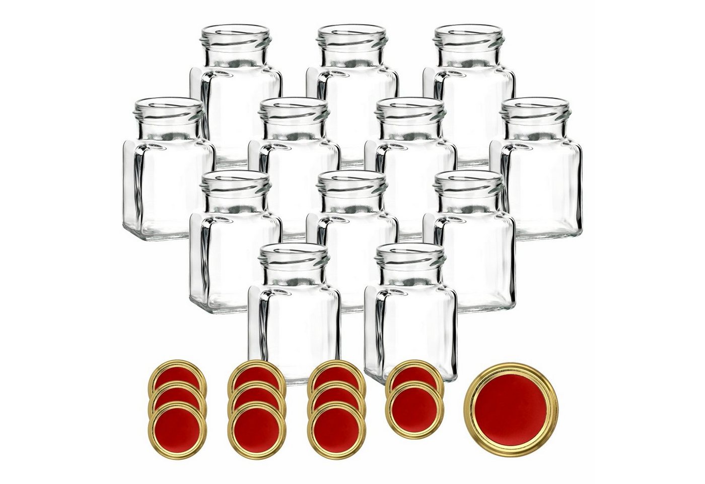 gouveo Vorratsglas Einmachgläser 150 ml eckig mit Schraub-Deckel - Kleine Vorratsgläser, (12-tlg), Rot-Gold von gouveo