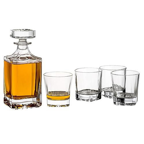 gouveo Whiskykaraffe mit 4 Gläser 35114 - WhiskySet aus hochwertigem Glas mit 4 passenden Whiskygläsern - Tolles Geschenkset für Männer und Whiskyliebhaber von gouveo