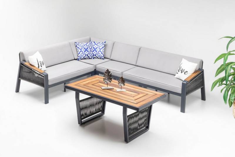 gowoll Gartenlounge-Set Premium Ecklounge mit Wetterfest Gartentisch Aluminium Möbelsets, (Sitz und Rückenkissen, Tisch mit 2x3 Sitzer und 2xStuhl), Armlehne aus Iroko-Holz von gowoll