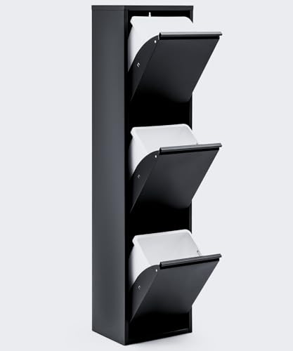 gowoll Mülleimer Küche aus Fleckenfest Biomülleimer Wandmontage Abfalleimer Mülltrennsysteme Küchenmülleimer mit Herausnehmbarer Inneneimer Recycling system (3 x 15 L) Schwarz von gowoll
