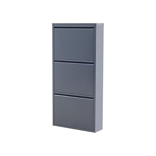 gowoll Schuhschrank Schmal Schuhregal Metall Hoch Schuhkipper mit Magnetische Abdeckung Metall Montiert Schuhregal Schmal und Wandmontage (Anthrazit, 3 Klappen) von gowoll