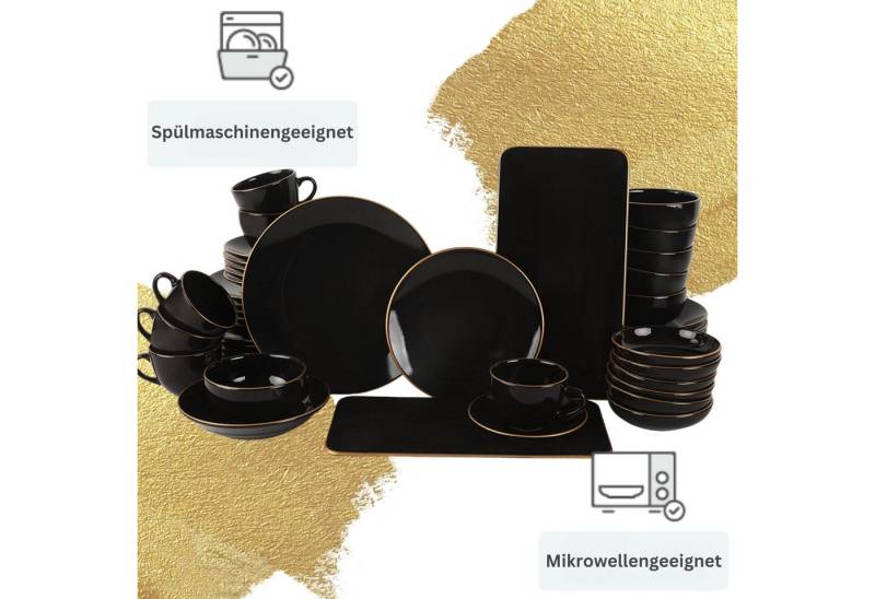 gowoll Tafelservice Tafelservice Kombigeschirr Geschirrset mit Kaffeeset GOLDLINE (44-tlg), 6 Personen, Steinzeug, Teller, Schalen, Tassen & Platten für 6 Personen von gowoll
