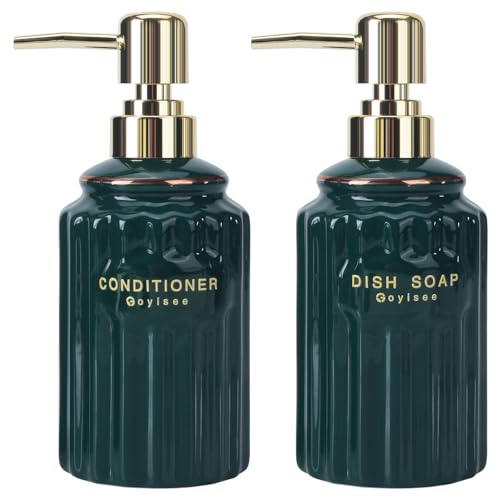 GOYISEE Ceramic Soap Dispenser Pump 14OZ for Bathroom & Kitchen | Hand & Body Soap Refill Bottle with Gold Pump & Labels | 2-Pack von goyisee