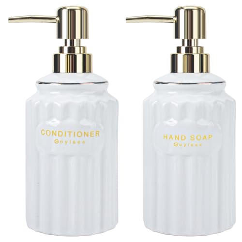GOYISEE Ceramic Soap Dispenser Pump 14OZ for Bathroom & Kitchen | Hand & Body Soap Refill Bottle with Gold Pump & Labels | 2-Pack von goyisee