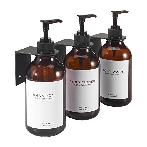 GOYISEE Shampoo und Conditioner Spender für Duschwand 3 Kammer, nachfüllbare Shampoo und Conditioner Flaschen mit wasserdichten Etiketten, Seifenspender mit Pumpen (3 Flaschen 3 Wandhalterungen-Braun) von goyisee