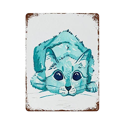 graman Vintage-Blechschild Aquarell-Metall-Blechschild quadratisch blau und türkis Katze Retro Nostalgie Blechschild Lustiges Dekoschild für Wanddekoration 40,6 x 30,5 cm von graman