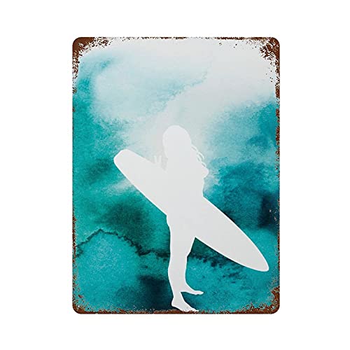 graman Vintage-Blechschild mit Surfer-Druck, Farb-Silhouette, Kunst, Surfer-Mädchen, Dekoration, lustig, groß, Stranddekoration, Sommerdruck, Surfer-Mädchen, Dekoration, Geschenkidee, 40,6 x 30,5 cm von graman
