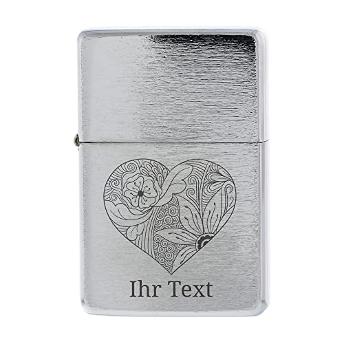 Benzinfeuerzeug Zentangle Herz (Silber mit schwarzer Schrift) aus Metall mit Motiv & Individualisierung von gravur-fabrik.de