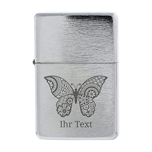 Benzinfeuerzeug Zentangle Schmetterling (Silber mit schwarzer Schrift) aus Metall mit Motiv & Individualisierung von gravur-fabrik.de