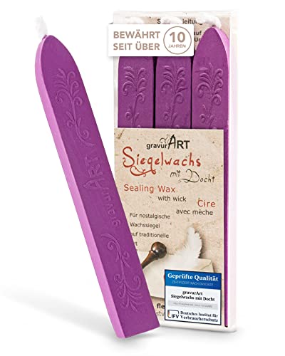gravurART Siegelwachs Magenta - Persönliche Briefe versiegeln mit Stempelwachs für Siegelstempel - 3 Stangen Wachs mit Docht von gravurART