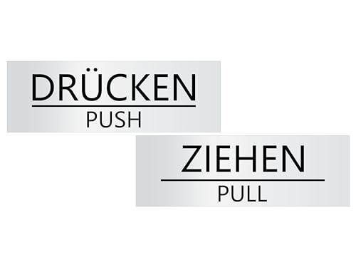 Türschild DRÜCKEN ZIEHEN Set mehrsprachig PUSH PULL | selbstklebend 2er-Set 60x20mm silber (matt) mit schwarzer Schrift UV-beständiges Kunststoffschild von gravurfix