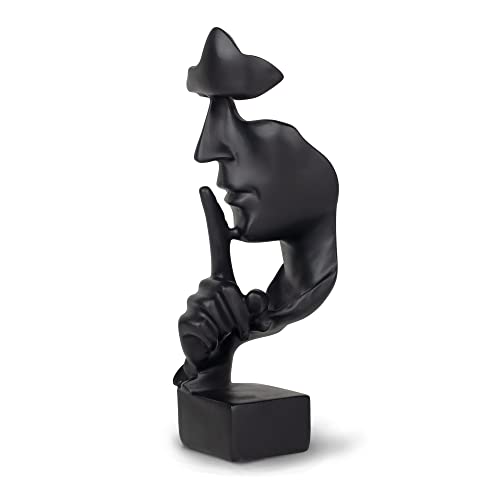 greafy Deko Skulptur Silence Schwarz - Abstraktes Gesicht Schweigen Statue aus Harz Figur Denker auf schwarzem Sockel als Wohnzimmer Deko modern, Dekofigur für Schlafzimmer & Büro, 27cm Hoch von greafy