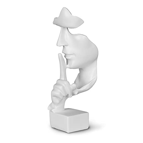 greafy Deko Skulptur Silence Weiß - Abstraktes Gesicht Schweigen Statue aus Harz Figur Denker auf schwarzem Sockel als Wohnzimmer Deko modern, Dekofigur für Schlafzimmer & Büro, 27cm Hoch von greafy