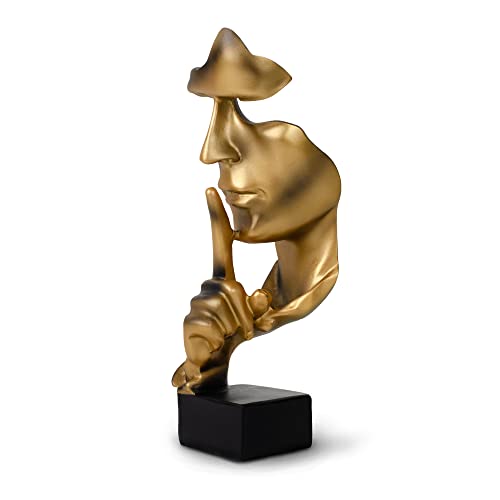 greafy Gold Deko Skulptur Silence - Abstraktes Gesicht Schweigen ist Gold Statue aus Harz Figur Denker auf schwarzem Sockel als Wohnzimmer Deko modern, Dekofigur für Schlafzimmer & Büro, 27cm Hoch von greafy