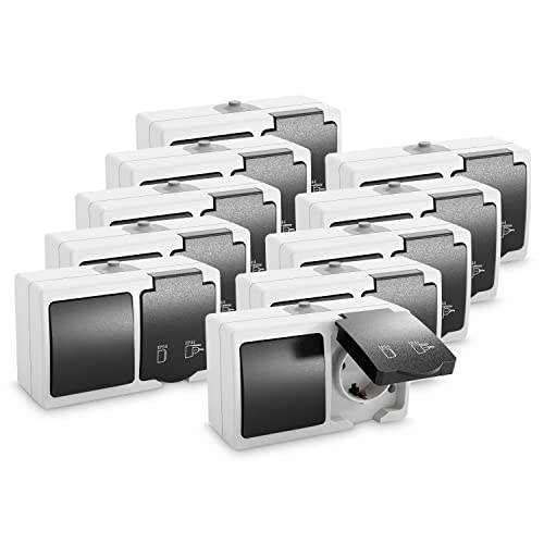 greate 10x Aufputz Schalter Steckdose Kombination mit IP54 für Feuchtraum - Steckdose Aufputz mit Wechselschalter 250V & 16A - Aufputzsteckdose mit Schalter, Steckdose Schalter Aufputz von greate