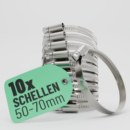 greate 10x Schlauchschellen Edelstahl 50-70 mm - Einstellbare Schlauchschelle mit 9 mm Bandbreite - Rohrschelle rostfrei - Schellen für Pool, Teich, Waschmaschine uvm - Schraubschellen Edelstahl 304 von greate