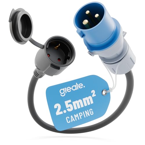 greate 16A CEE Adapter Schuko Kupplung - Adapter CEE Stecker Kupplung 230V mit 50 cm Kabellänge & IP44 Schutz - Adapter Camping auf Schuko, Camping Stecker, Strom für Camping CEE Adapter von greate