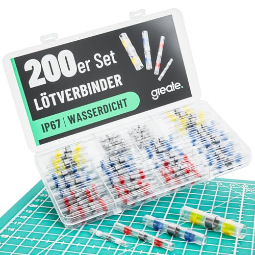 greate 200er Set Lötverbinder mit Schrumpfschlauch - Zugfeste & wasserdichte Lötverbinder Schrumpfverbinder - Kabelverbinder mit Lötzinn - Kabel Lötverbinder Set - Löthülsen - Löt Verbinder von greate