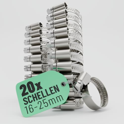 greate 20x Schlauchschellen Edelstahl 16-25 mm - Einstellbare Schlauchschelle mit 9 mm Bandbreite - Rohrschelle rostfrei - Schellen für Pool, Teich, Waschmaschine uvm - Schraubschellen Edelstahl 304 von greate