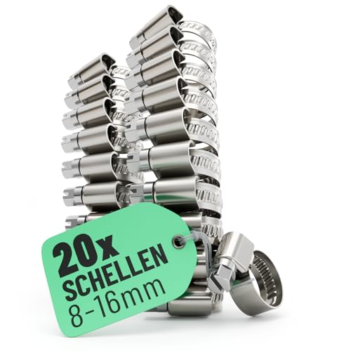 greate 20x Schlauchschellen Edelstahl 8-16 mm - Einstellbare Schlauchschelle mit 9 mm Bandbreite - Rohrschelle rostfrei - Schellen für Pool, Teich, Waschmaschine uvm - Schraubschellen Edelstahl 304 von greate