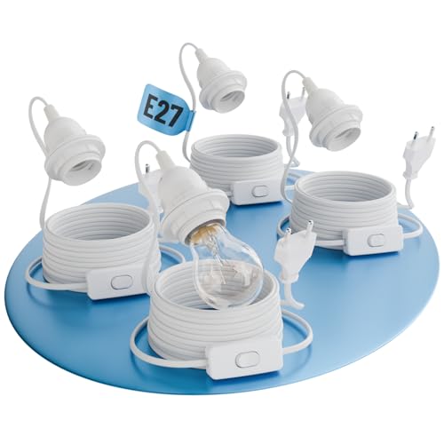 greate 4x Lampenfassung E27 mit Kabel und Schalter weiß 5 Meter - E27 Fassung mit Stecker max. 60W 250V - Lampe Fassung mit Kabel und Schalter, Lampenfassung mit Schalter & Stecker, Lampe mit Stecker von greate