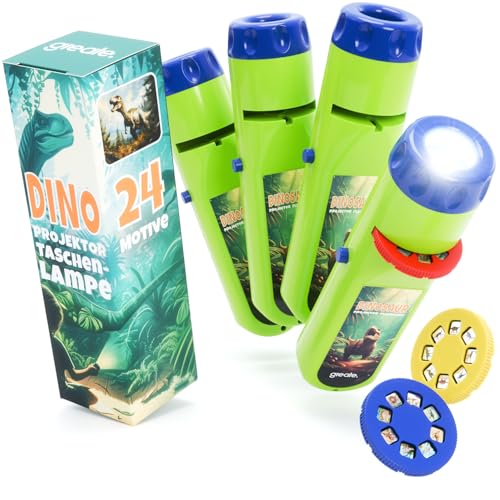 greate 4x Taschenlampe Dinosaurier Kinder - Dino Projektor Lampe mit 3 Scheiben & 24 Bilder - Diashow Dinosaurier Spielzeug, Dino Taschenlampe, Dinosaurier Geschenke Kinder, Spielzeug Taschenlampe von greate