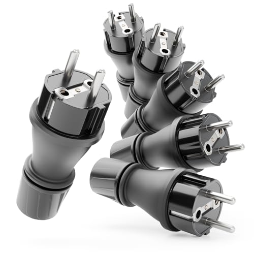 greate 6x 230V Schuko Stecker wasserdicht nach IP54 - Schukostecker Außenbereich mit Knickschutz & Zugentlastung - Schutzkontaktstecker 2-polig mit 16A & 3,7kW - Schuko Stecker IP54, Stecker 230 V von greate