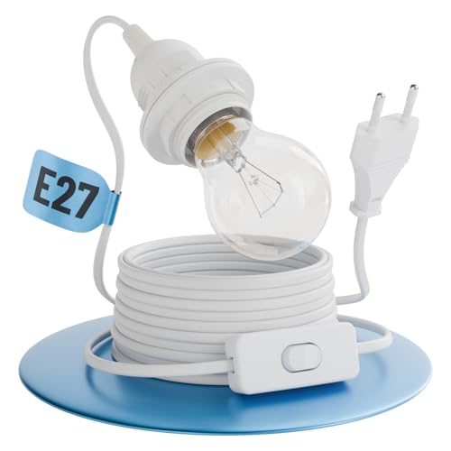 greate Lampenfassung E27 mit Kabel und Schalter weiß 5 Meter - E27 Fassung mit Stecker max. 60W 250V - Lampe Fassung mit Kabel und Schalter, Lampenfassung mit Schalter & Stecker, Lampe mit Stecker von greate