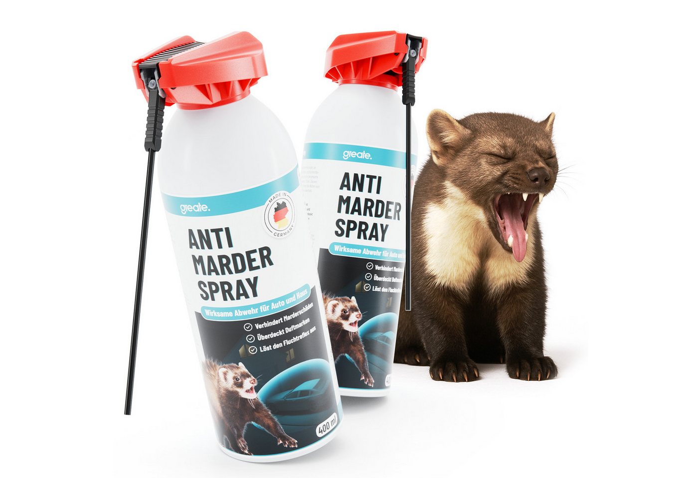 greate. Marderspray 2x Marderspray Auto Motorraum 400ml - Mader Abwehr, Marderschutz Spray, 800 ml, 2-St. greate. Marderspray 2x Marderspray Auto Motorraum 400ml - Mader Abwehr, Marderschutz Spray, 800 ml, 2-St. von greate.
