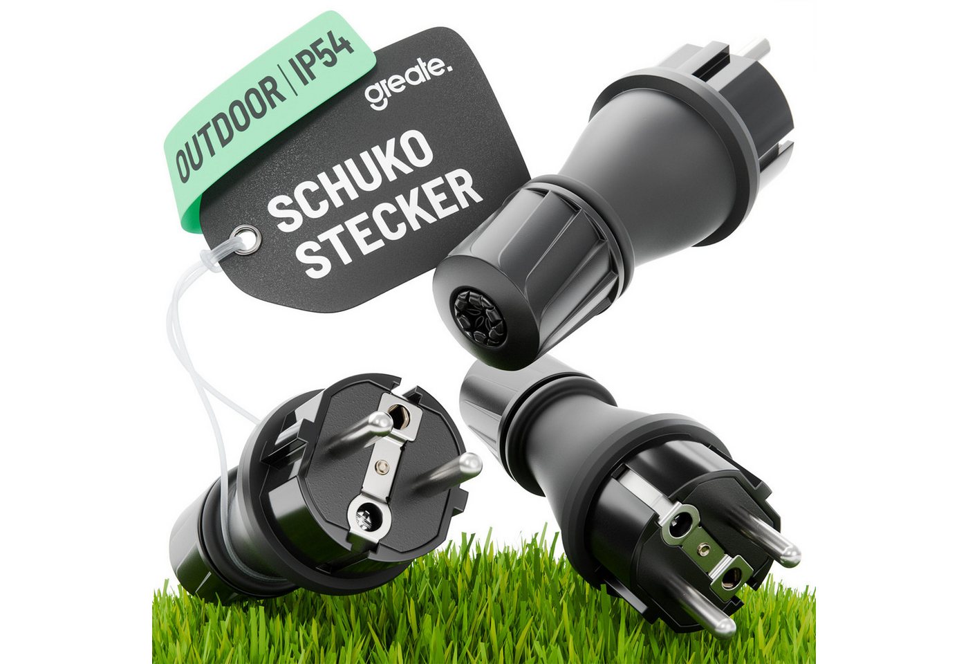 greate. Schuko-Stecker 3x 230V Schuko Stecker wasserdicht IP54 Schukostecker Außenbereich, (3-St) von greate.