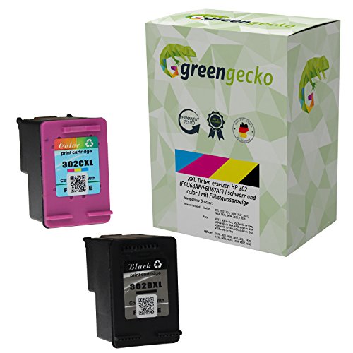 XXL Tinten ersetzen HP 302 (F6U68AE/F6U67AE) | über 100% mehr Inhalt | Sparset für HP DeskJet 3630, HP OfficeJet 3830, 4650 | schwarz und Color Patronen ohne Füllstandsanzeige von green gecko