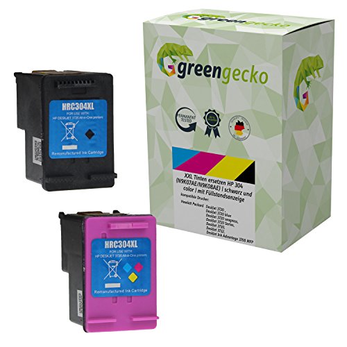 XXL Tintenpatronen ersetzen HP 304 (N9K07AE/N9K08AE) I 2er-Pack für HP DeskJet 3720, 3730, 3732 I schwarz, dreifarbig I Druckerpatronen mit Füllstandsanzeige von green gecko